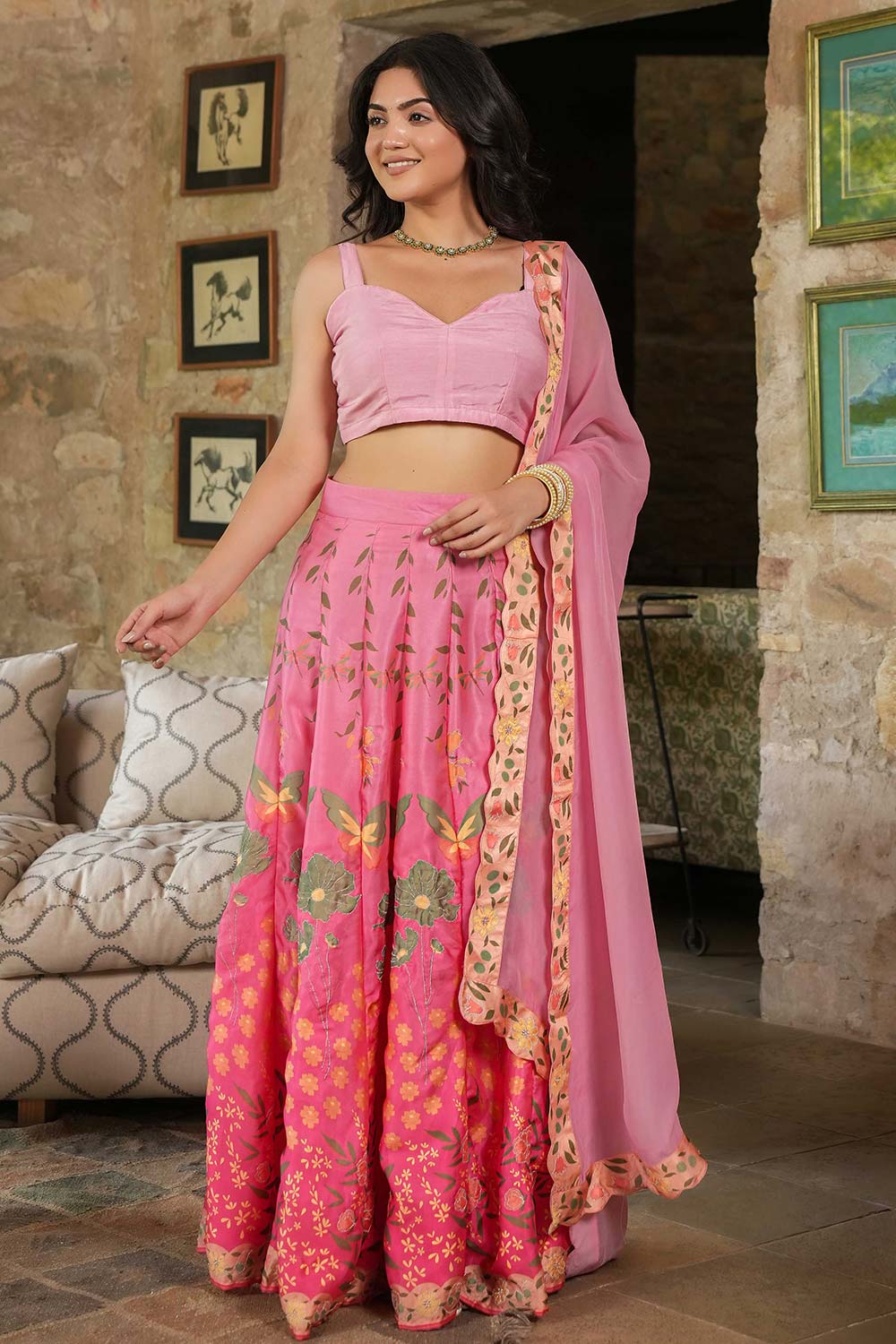 Pink Satin Georgette Flared Lehenga Set