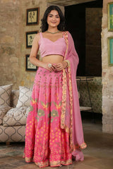 Pink Satin Georgette Flared Lehenga Set