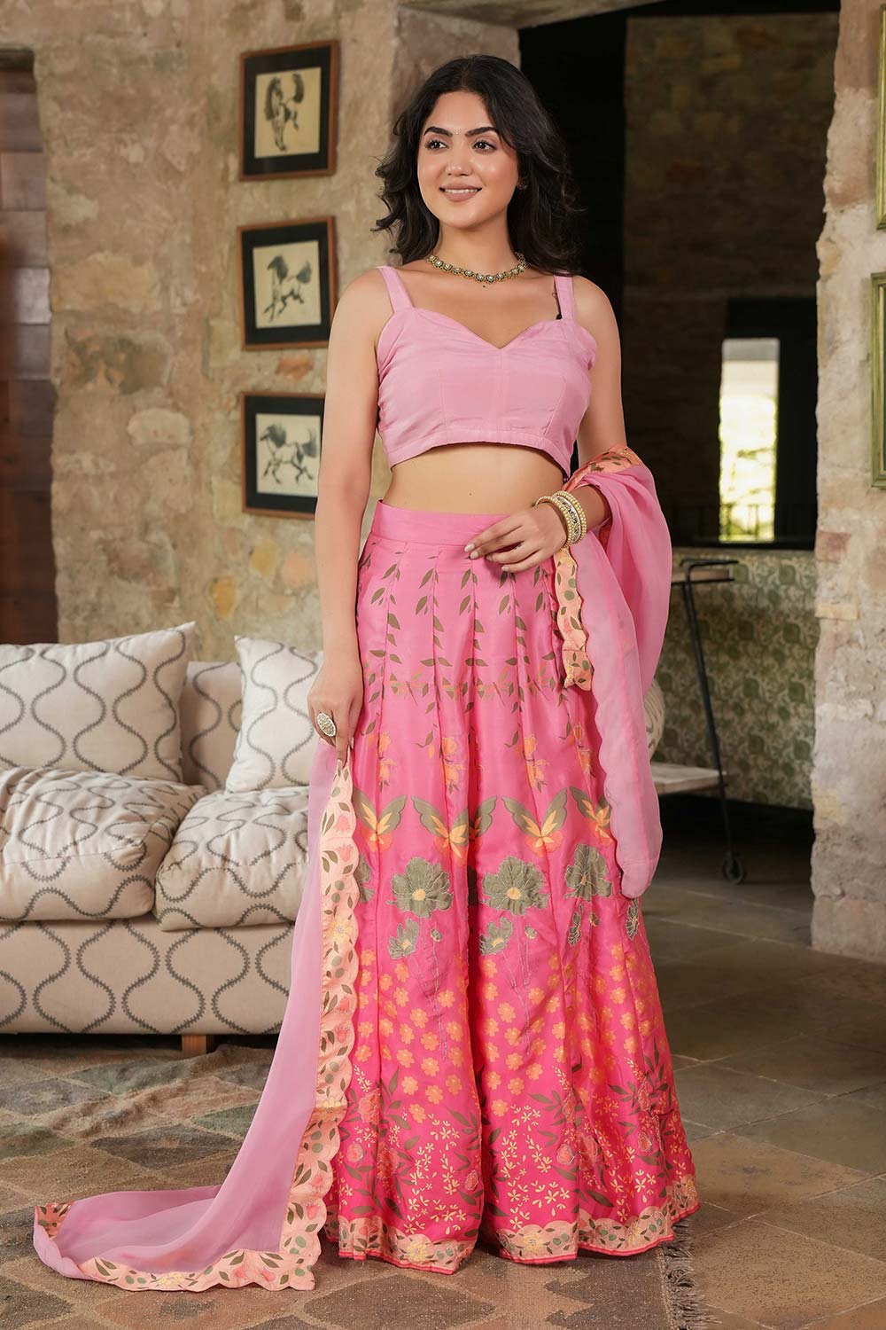 Pink Satin Georgette Flared Lehenga Set