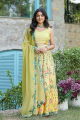 Lime Yellow Satin Georgette Flared Lehenga Set