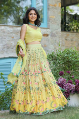 Lime Yellow Satin Georgette Flared Lehenga Set