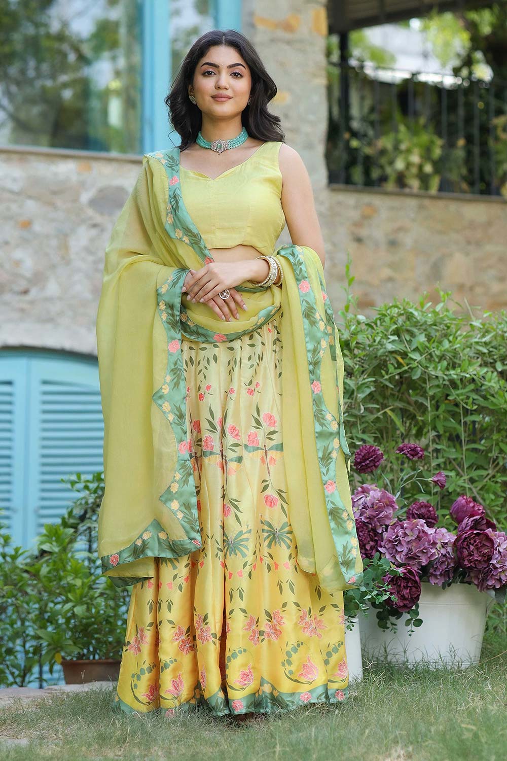 Lime Yellow Satin Georgette Flared Lehenga Set