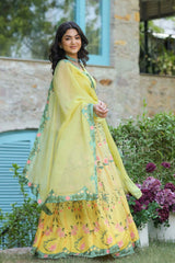 Lime Yellow Satin Georgette Flared Lehenga Set