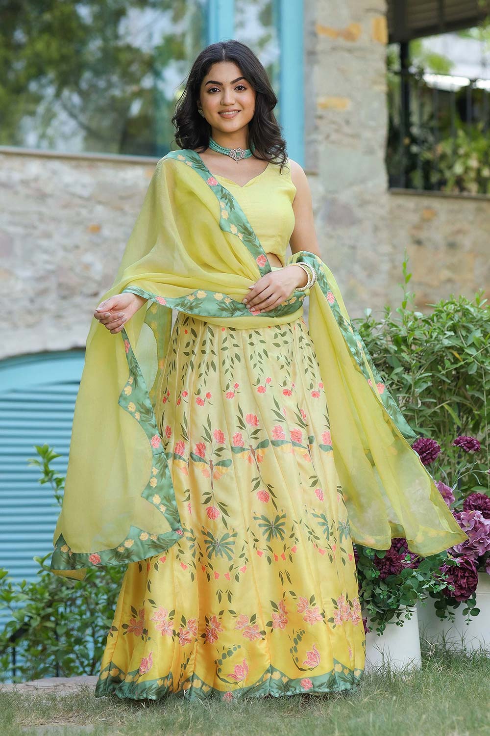 Lime Yellow Satin Georgette Flared Lehenga Set