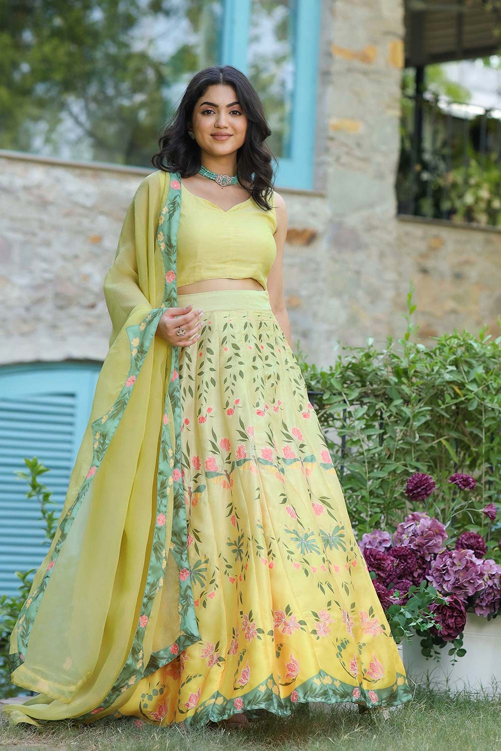 Lime Yellow Satin Georgette Flared Lehenga Set