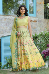 Lime Yellow Satin Georgette Flared Lehenga Set