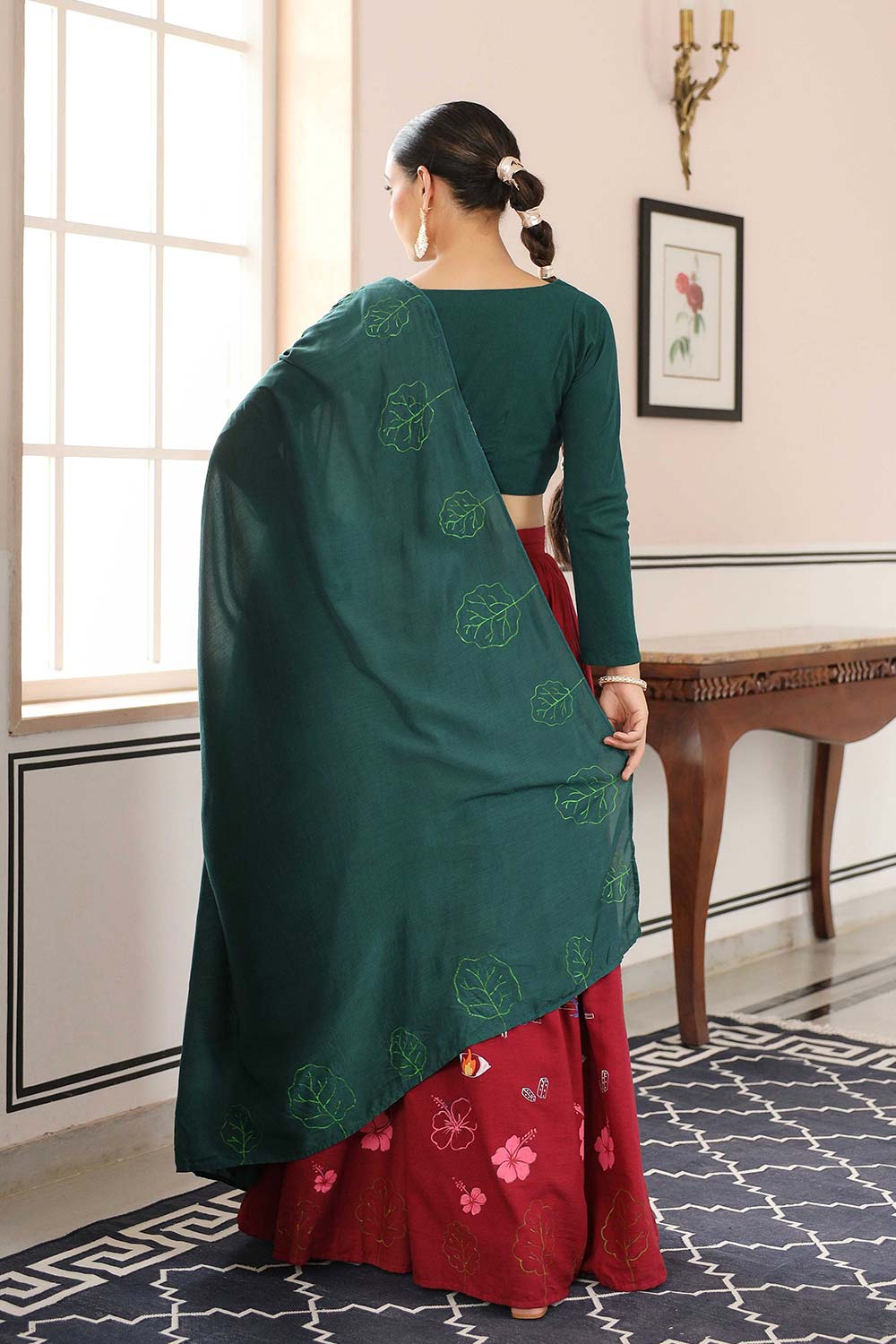 Bottle Green And Red Cotton Flared Lehenga Set