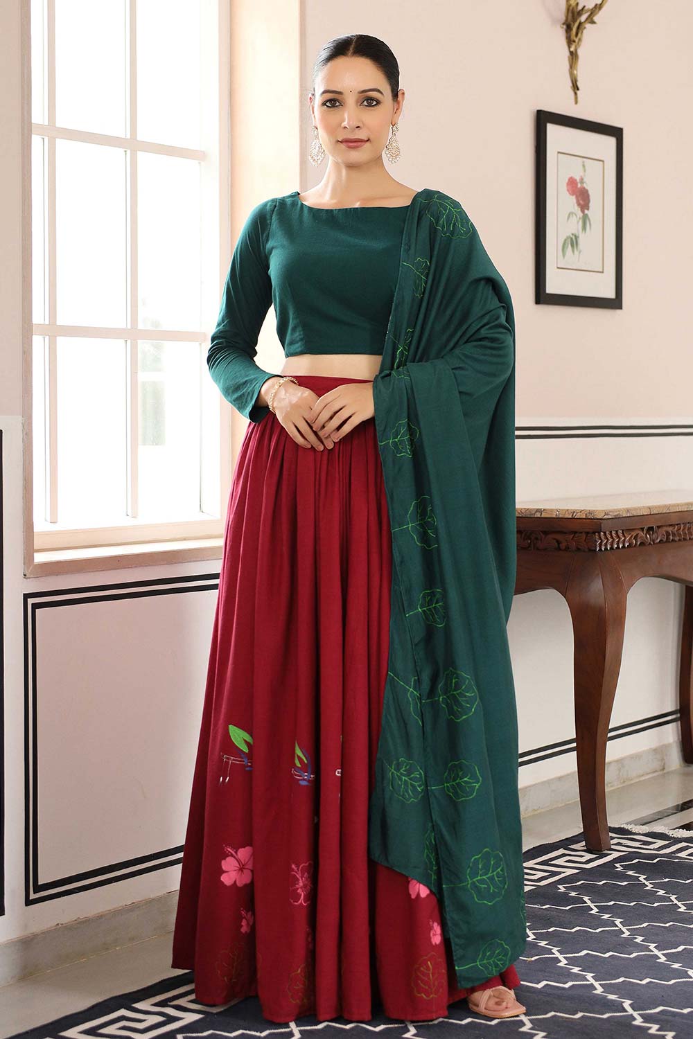 Bottle Green And Red Cotton Flared Lehenga Set