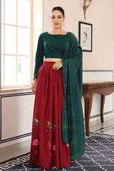 Bottle Green And Red Cotton Flared Lehenga Set