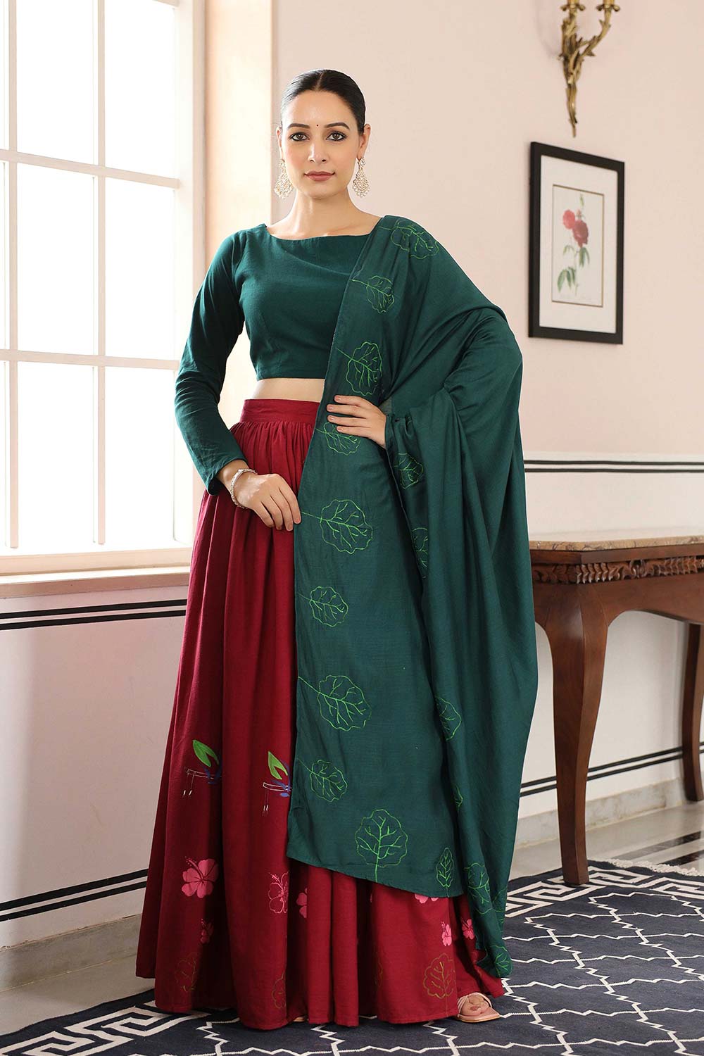 Bottle Green And Red Cotton Flared Lehenga Set