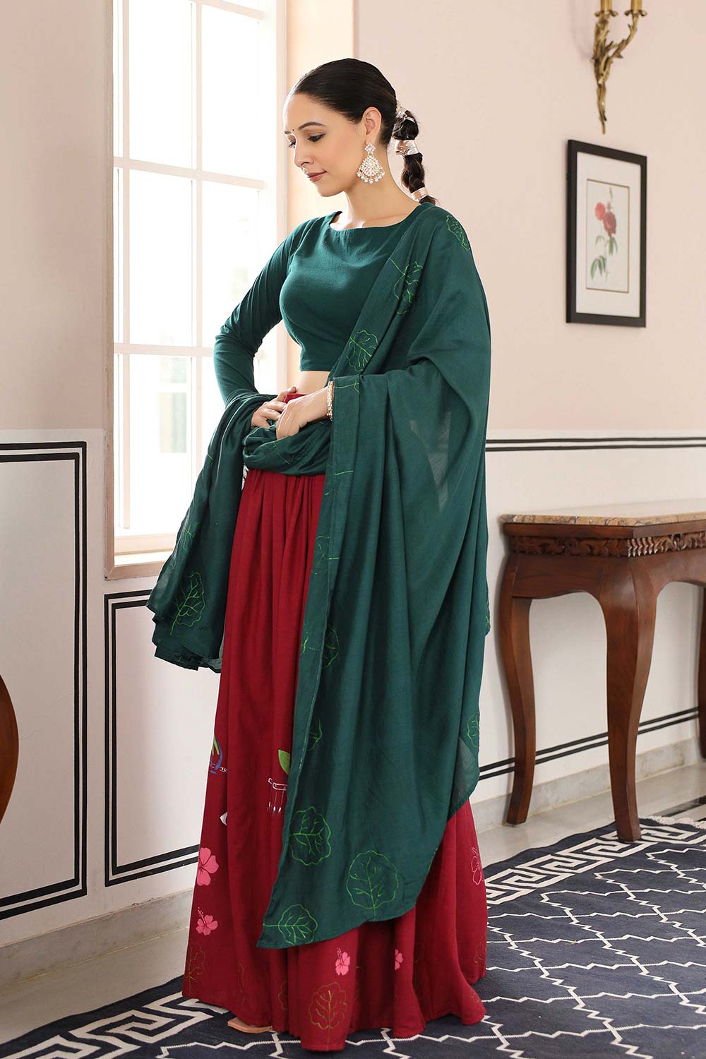 Bottle Green And Red Cotton Flared Lehenga Set