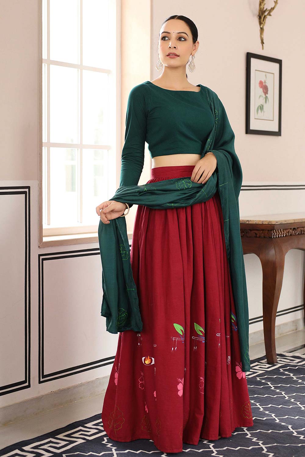 Bottle Green And Red Cotton Flared Lehenga Set