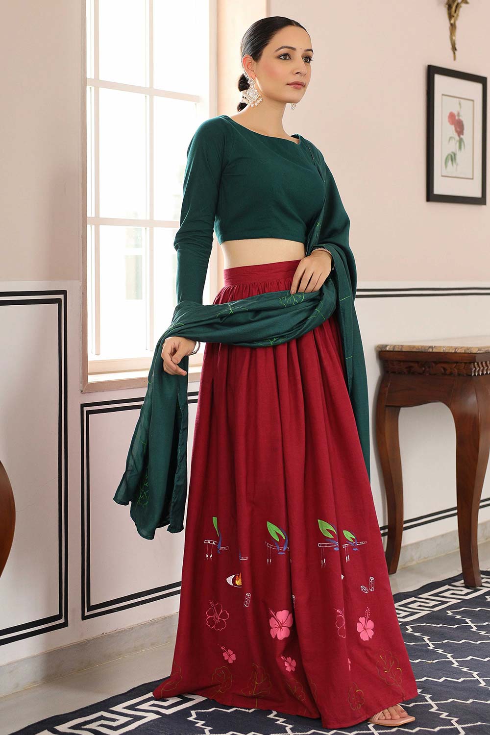 Bottle Green And Red Cotton Flared Lehenga Set