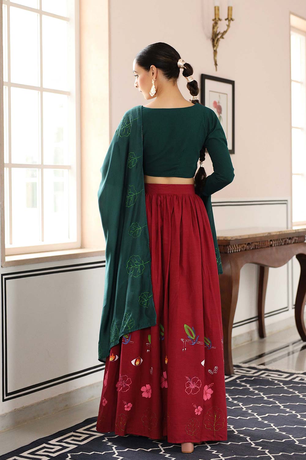 Bottle Green And Red Cotton Flared Lehenga Set