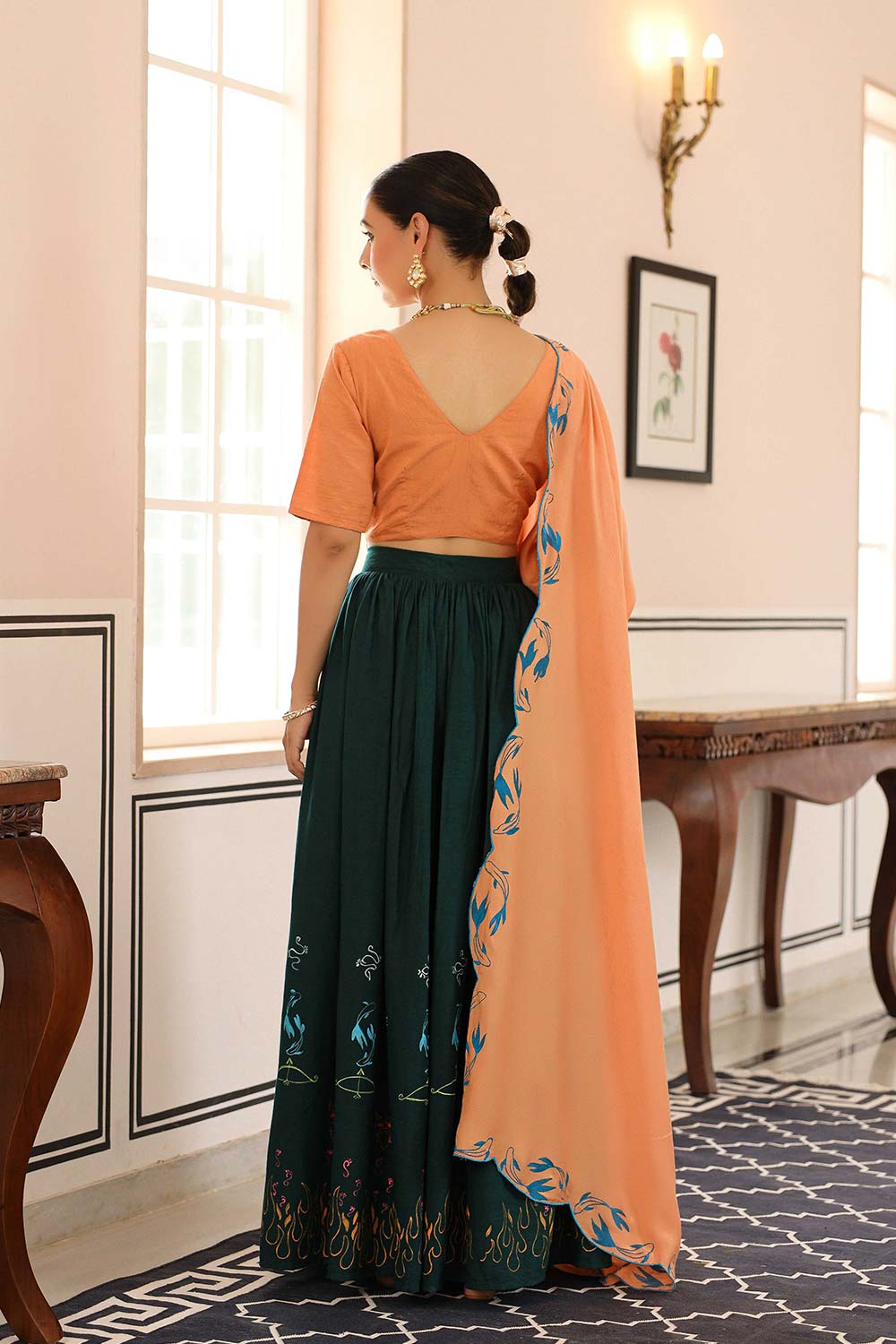 Bottle Green And Light Brown Cotton Flared Lehenga Set