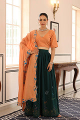 Bottle Green And Light Brown Cotton Flared Lehenga Set