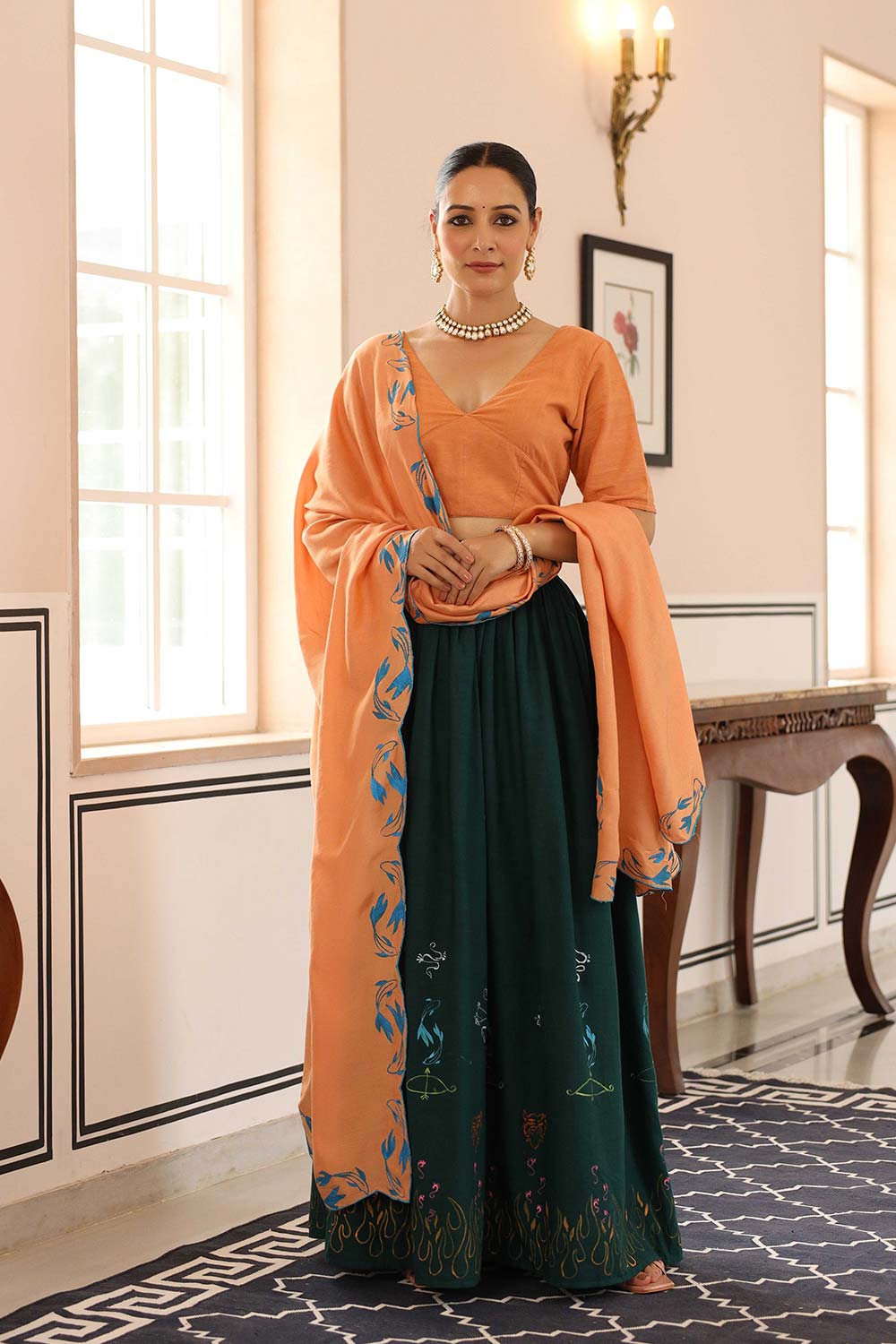 Bottle Green And Light Brown Cotton Flared Lehenga Set