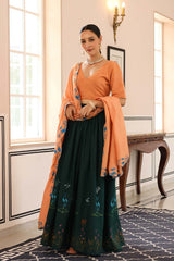 Bottle Green And Light Brown Cotton Flared Lehenga Set