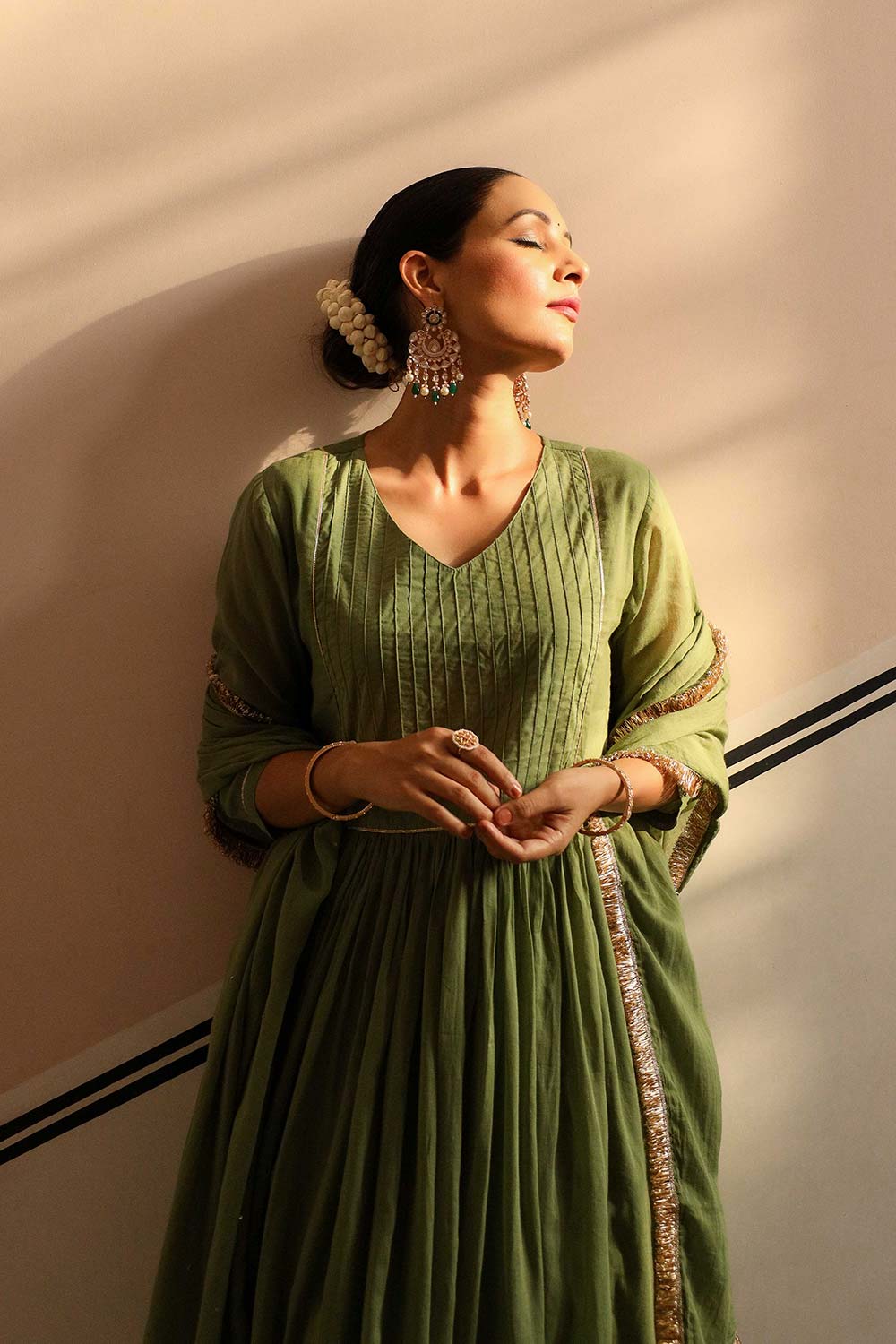 Light Green Cotton Solid V-Neck Anarkali Suit Set