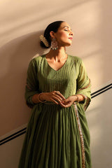 Light Green Cotton Solid V-Neck Anarkali Suit Set