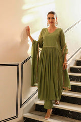 Light Green Cotton Solid V-Neck Anarkali Suit Set