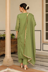 Light Green Cotton Solid V-Neck Anarkali Suit Set