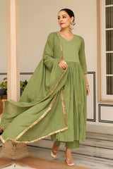 Light Green Cotton Solid V-Neck Anarkali Suit Set