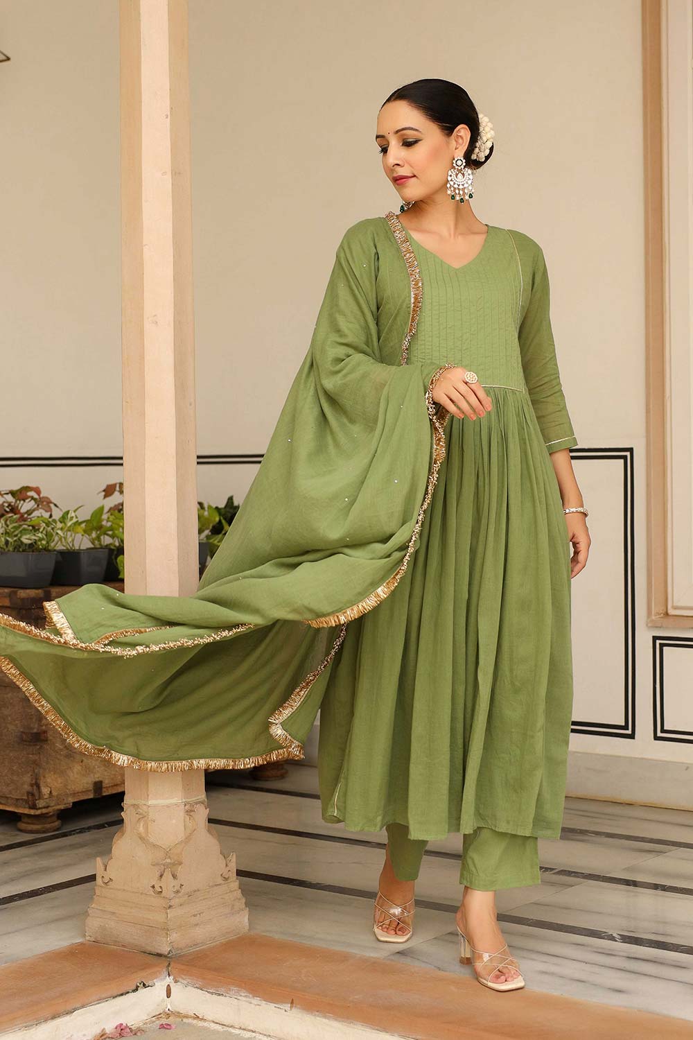 Light Green Cotton Solid V-Neck Anarkali Suit Set