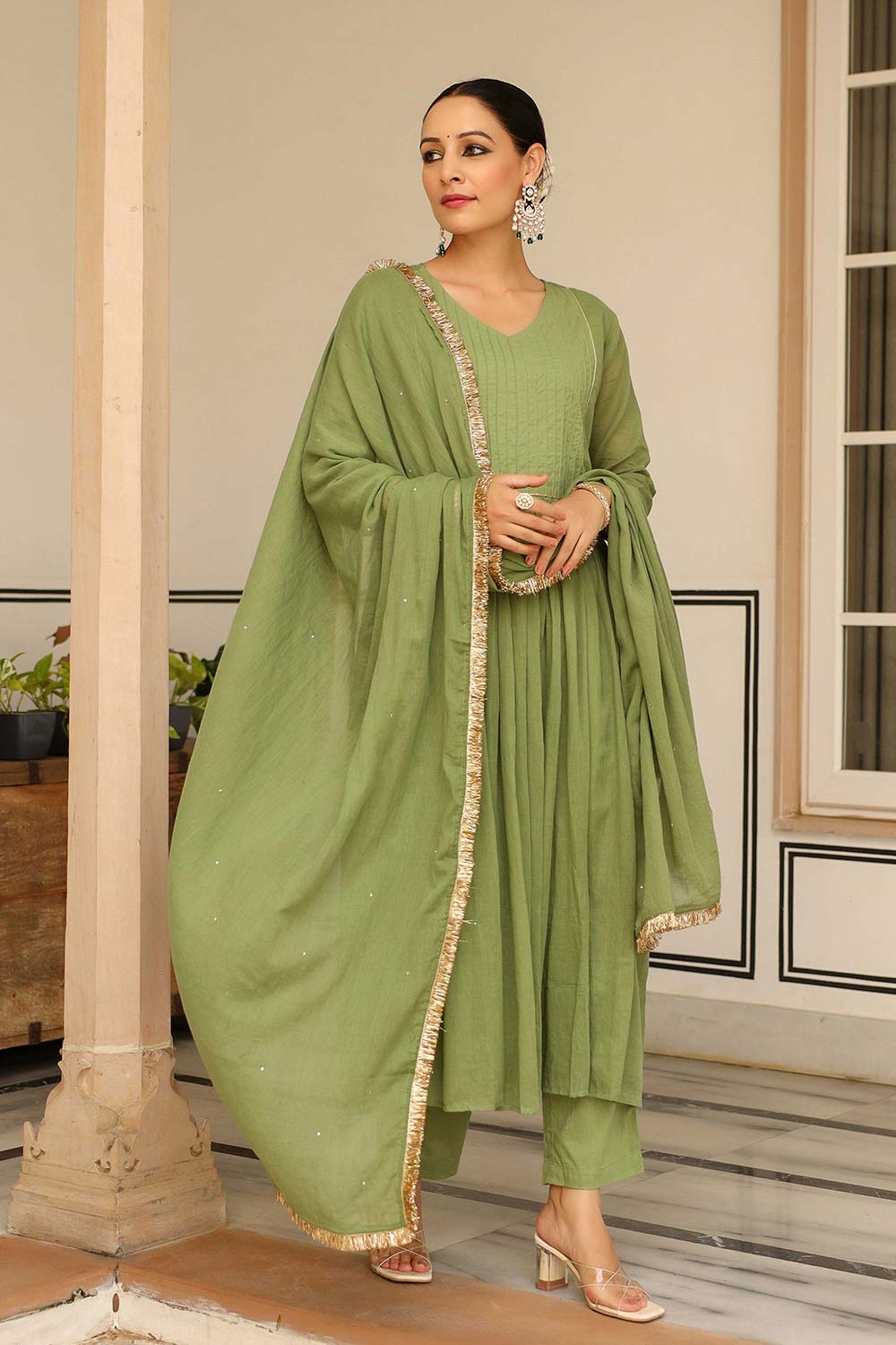 Light Green Cotton Solid V-Neck Anarkali Suit Set