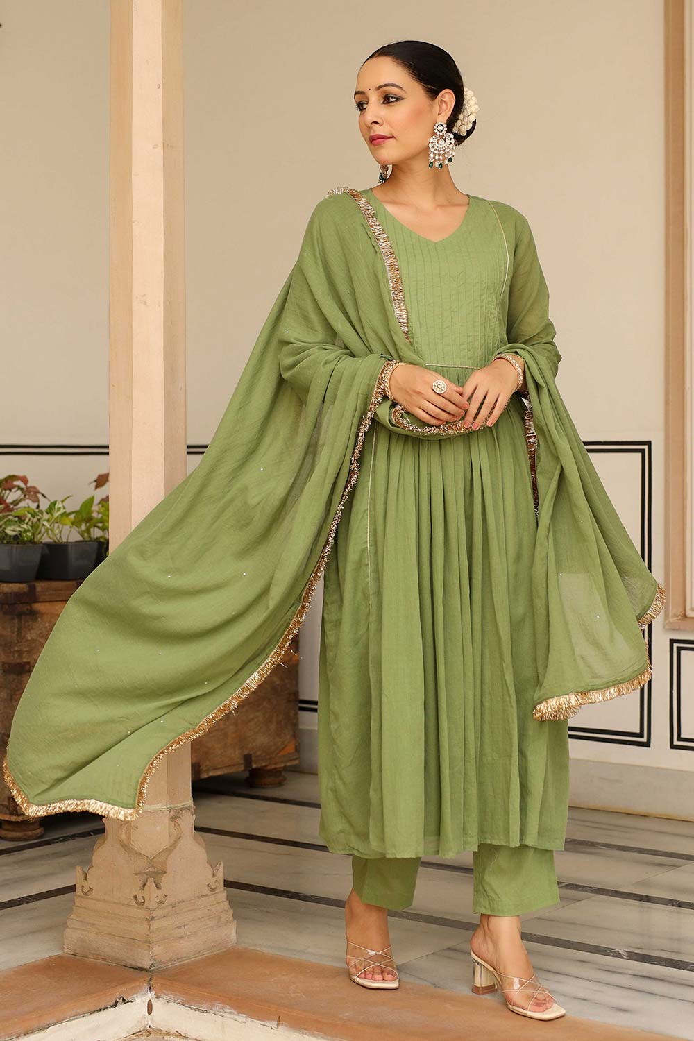 Light Green Cotton Solid V-Neck Anarkali Suit Set