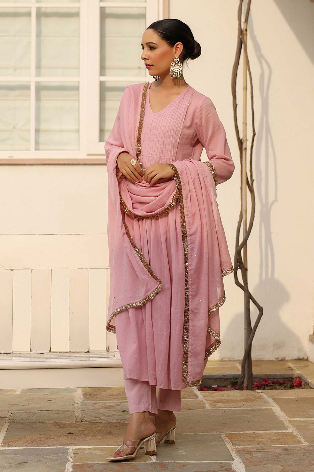 Baby Pink Cotton Solid V-Neck Anarkali Suit Set