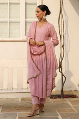 Baby Pink Cotton Solid V-Neck Anarkali Suit Set