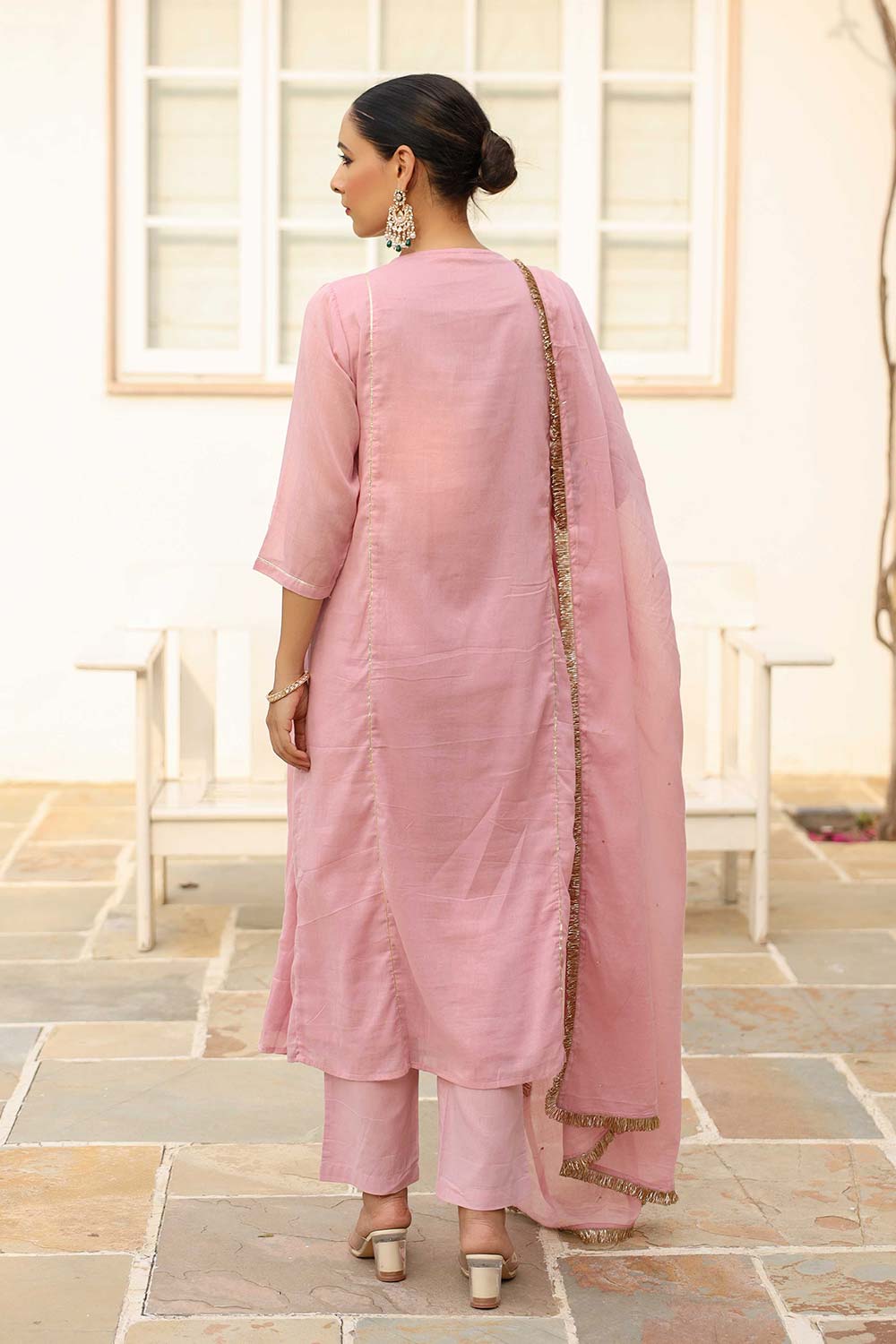 Baby Pink Cotton Solid V-Neck Anarkali Suit Set