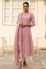 Baby Pink Cotton Solid V-Neck Anarkali Suit Set