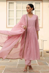 Baby Pink Cotton Solid V-Neck Anarkali Suit Set