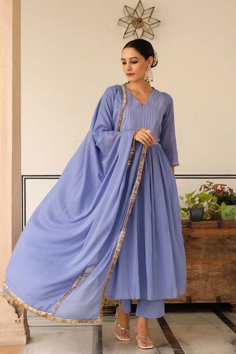 Lavender Blue Cotton Solid V-Neck Anarkali Suit Set