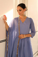 Lavender Blue Cotton Solid V-Neck Anarkali Suit Set