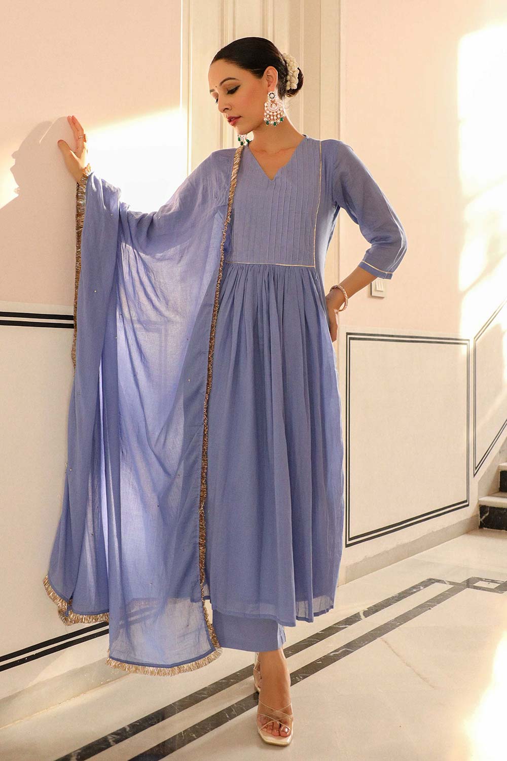 Lavender Blue Cotton Solid V-Neck Anarkali Suit Set