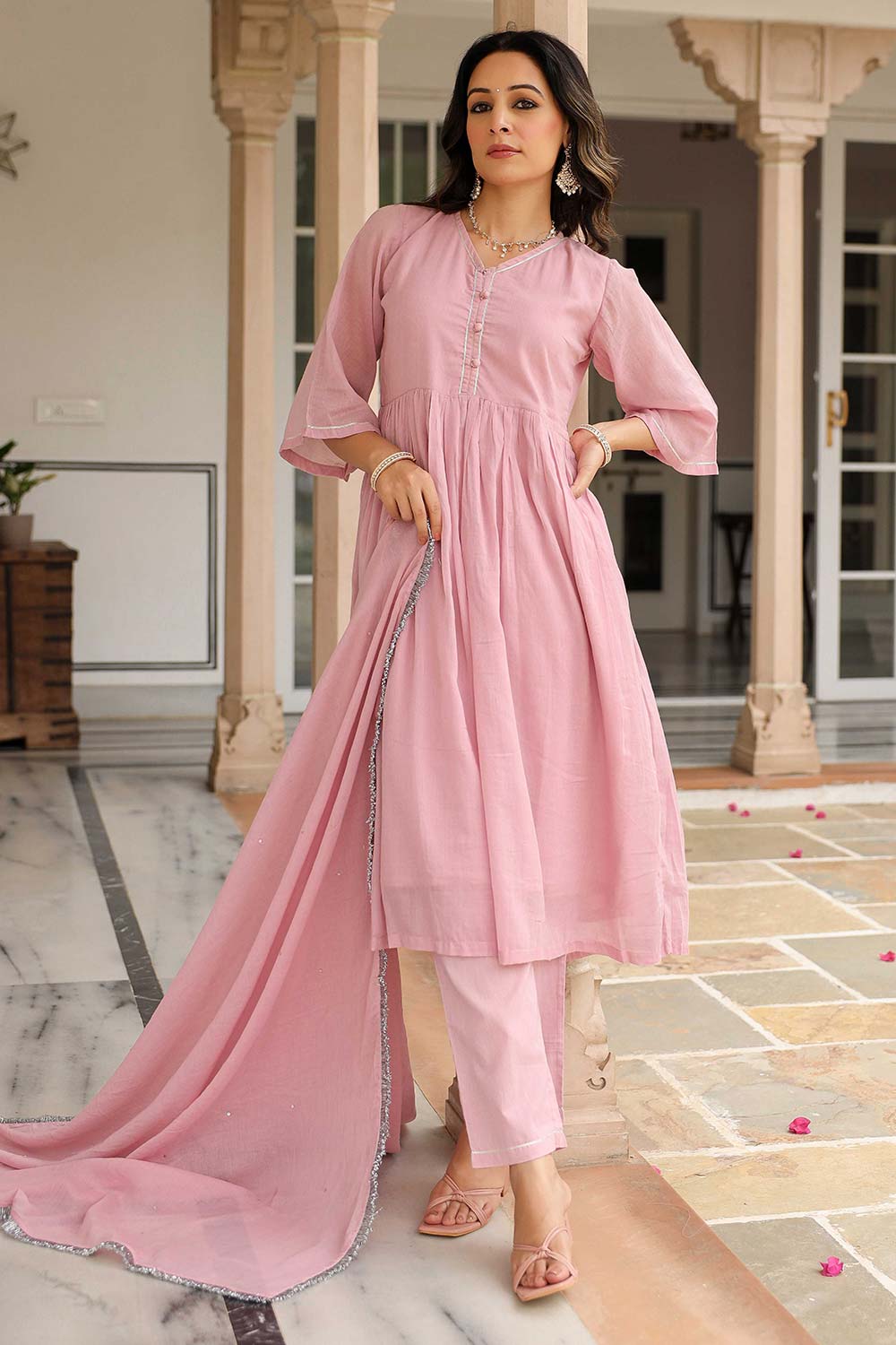 Baby Pink Cotton Solid V-Neck Anarkali Suit Set