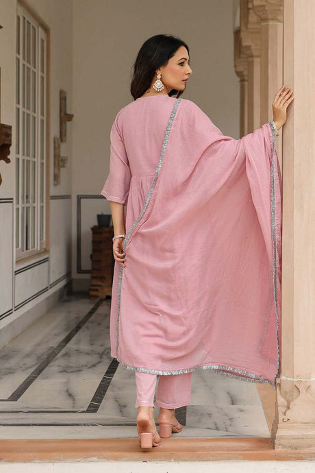 Baby Pink Cotton Solid V-Neck Anarkali Suit Set