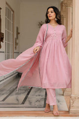 Baby Pink Cotton Solid V-Neck Anarkali Suit Set