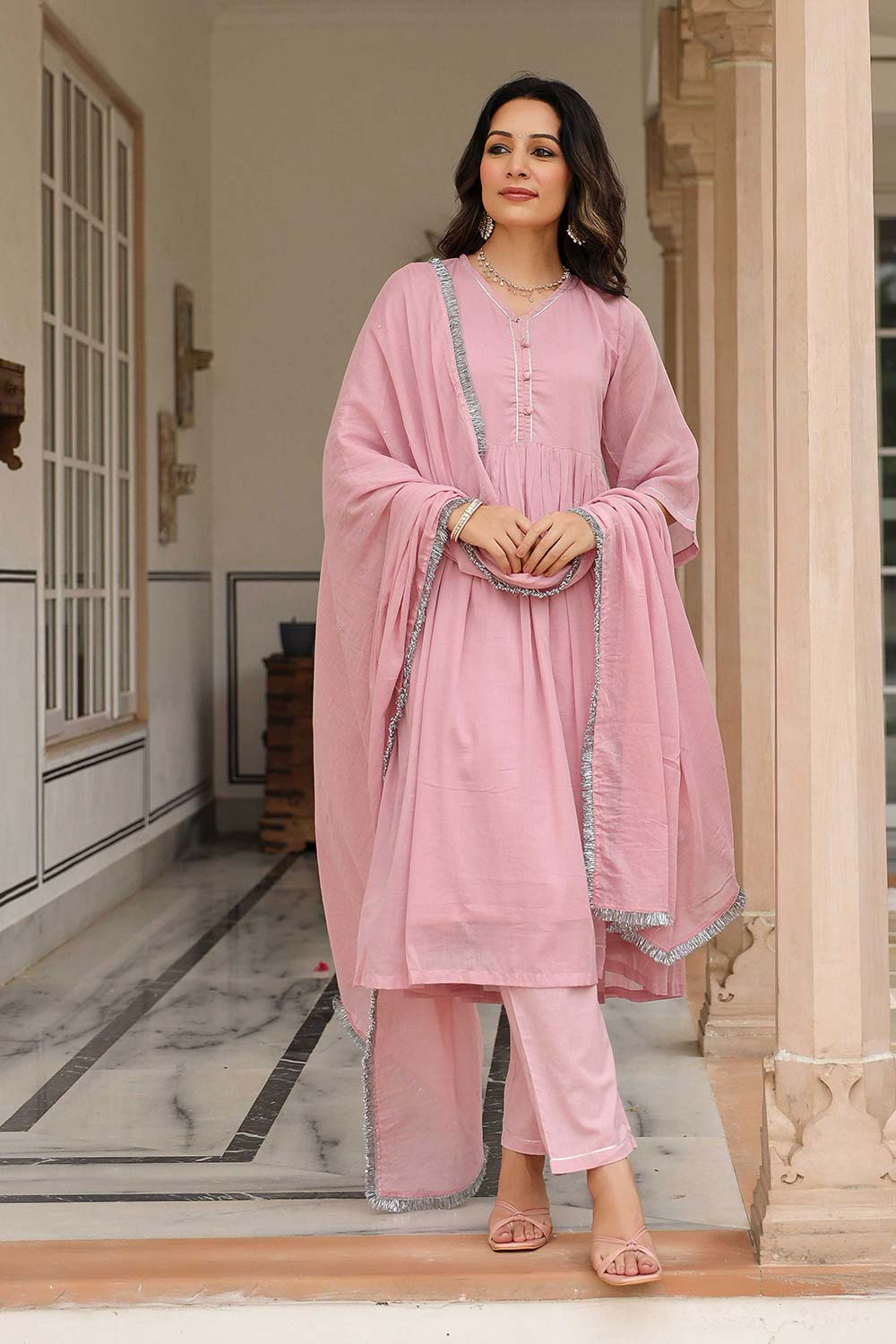 Baby Pink Cotton Solid V-Neck Anarkali Suit Set