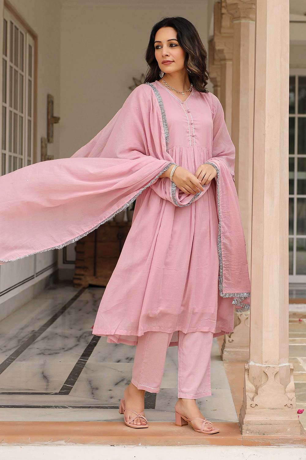 Baby Pink Cotton Solid V-Neck Anarkali Suit Set