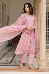 Baby Pink Cotton Solid V-Neck Anarkali Suit Set