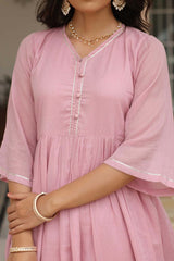 Baby Pink Cotton Solid V-Neck Anarkali Suit Set