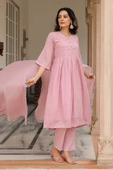 Baby Pink Cotton Solid V-Neck Anarkali Suit Set