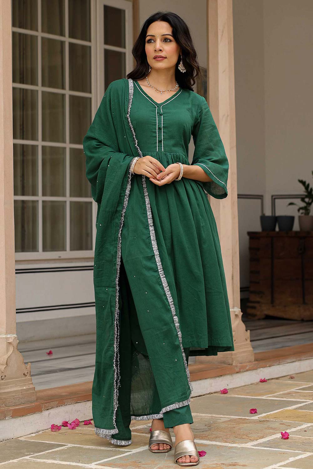 Bottle Green Cotton Solid V-Neck Anarkali Suit Set