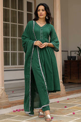 Bottle Green Cotton Solid V-Neck Anarkali Suit Set