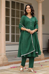 Bottle Green Cotton Solid V-Neck Anarkali Suit Set