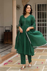 Bottle Green Cotton Solid V-Neck Anarkali Suit Set